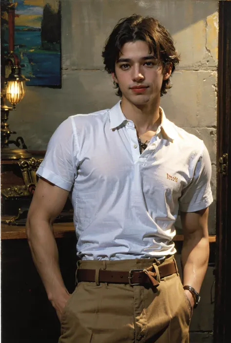 best quality, masterpiece, (photorealistic:1.4), (male:2.0), light smile, shirt with collars, waist up, dramatic lighting, from below, (best quality, masterpiece, photorealistic, hyperrealism:1.2), cool colors,
