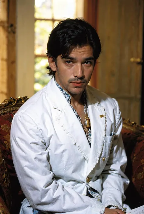 (man:2.6), 90's, retro, sunny daylight, natural light, white jacket, jewelry, rich house setting, (oldmoney aesthetic:1.1), fashion editorial, film grain, cinematic shot, 1990s magazine, 80mm f/11 on kodak ektachrome e100, soft focus, film grain, muted colors,, best quality, masterpiece, 8k, ultra high res, (photorealistic:1.4), highly detailed, intricate detail, delicate and beautiful, good lighting, professional lighting, sharp focus, detailed shadows, exquisite details and textures, depth of field, unity 8k wallpaper,