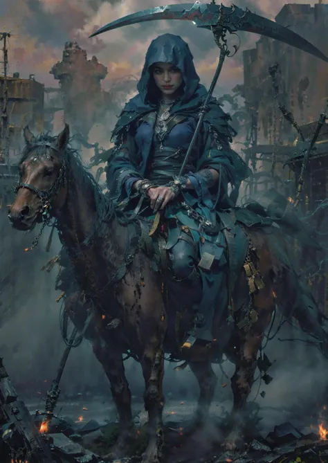 masterpiece, official art, unity 8k wallpaper, ultra detailed, beautiful and aesthetic, best quality, intricate details, portrait of the most beautiful form of chaos, elegant, a brutalist designed, vivid colours, romanticism, by james jean, roby dwi antono, ross tran, francis bacon, michal mraz, adrian ghenie, petra cortright, gerhard richter, takato yamamoto, ashley wood, atmospheric,
posture model, (portrait of a cowboy shot:1), see-through, 1girl, holding weapon, cloudy sky, hood up,robe, scythe, holding scythe,fog,riding horse,
(stochastic angle, stochastic pose,stochastic action),tyndall effect, perfect lighting,detailed lighting,dramatic shadows, (glowing),
perfect ratio,very long hair,hime cut,luxury, jewelry,ornate, necklace, earrings, bracelet, hairpin,embroidery, (shiny see-through Hanfu:1),
(Around floating colorful SwordQi:1)the most beautiful form of chaos,
<lora:DiamonAI-000009:0.3> <lora:epi_noiseoffset2:0.7> <lora:tangbohu-detailmaker_v2.5:0.7> <lora:tangbohu_saturation_v1.0:1> <lora:reaper:0.9>