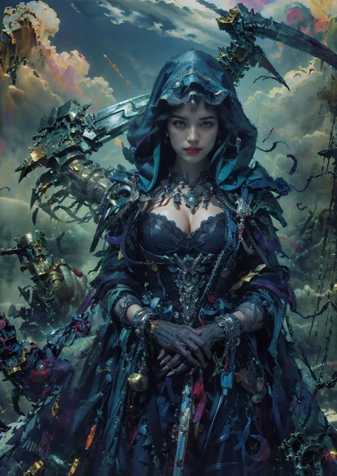 masterpiece, official art, unity 8k wallpaper, ultra detailed, beautiful and aesthetic, best quality, intricate details, portrait of the most beautiful form of chaos,
posture model, (portrait of a cowboy shot:1), see-through, 1girl, holding weapon, cloudy sky, hood up,robe, scythe, holding scythe,fog,riding horse,
(stochastic angle, stochastic pose,stochastic action),tyndall effect, perfect lighting,detailed lighting,dramatic shadows, (glowing), bismuth,
perfect ratio,very long hair,hime cut,luxury, jewelry,ornate, necklace, earrings, bracelet, hairpin,embroidery, (shiny see-through Hanfu:1),
(Around floating colorful ink:1)the most beautiful form of chaos,
<lora:DiamonAI-000009:0.3> <lora:epi_noiseoffset2:0.7> <lora:tangbohu-detailmaker_v2.5:0.7> <lora:tangbohu_saturation_v1.0:1> <lora:reaper:0.8> <lora:bismuth:0.8>