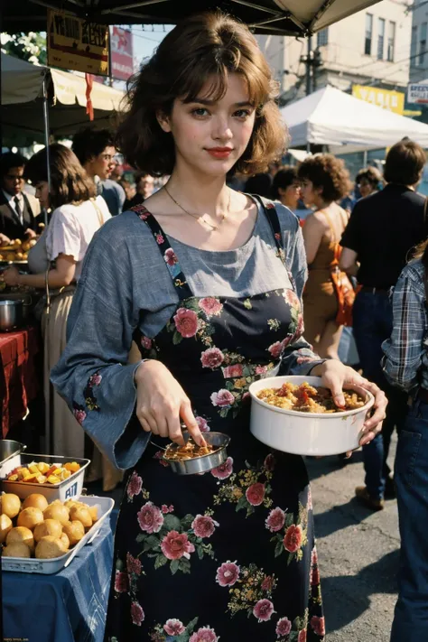 best quality, (photo realistic:1.1), (film grain:1.2), masterpiece, intricate details, atmospheric, trending on artstation, 8k, Color film photograph, 1980s, analog photography, Kodak portra 160, retro vintage, 1980s hairstyle,
a market vendor cooking a morning meal in a crowded street