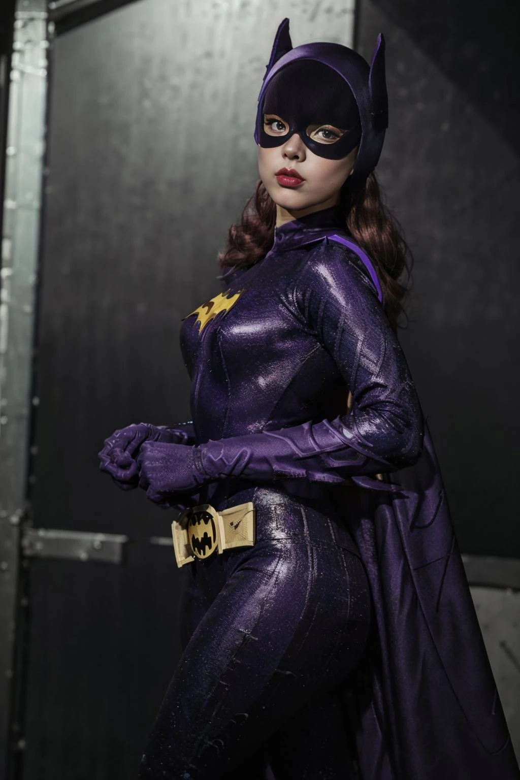 photo of Batgirl, a woman, 1girl, solo, skin tight purple catsuit, realistic, (masterpiece:1.3), (best quality:1.3), beautiful, (intricate details), unity 8k wallpaper, ultra detailed, beautiful, aesthetic, perfect lighting, <lora:add_detail:0.25> <lora:60sBatgirl_V1-000012:0.6>
