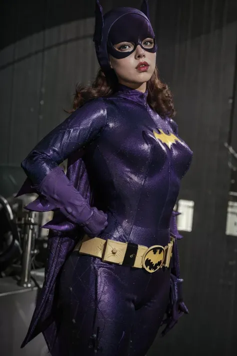 photo of Batgirl, a woman, 1girl, solo, skin tight purple catsuit, realistic, (masterpiece:1.3), (best quality:1.3), beautiful, (intricate details), unity 8k wallpaper, ultra detailed, beautiful, aesthetic, perfect lighting, <lora:add_detail:0.25> <lora:60sBatgirl_V1-000012:0.65>