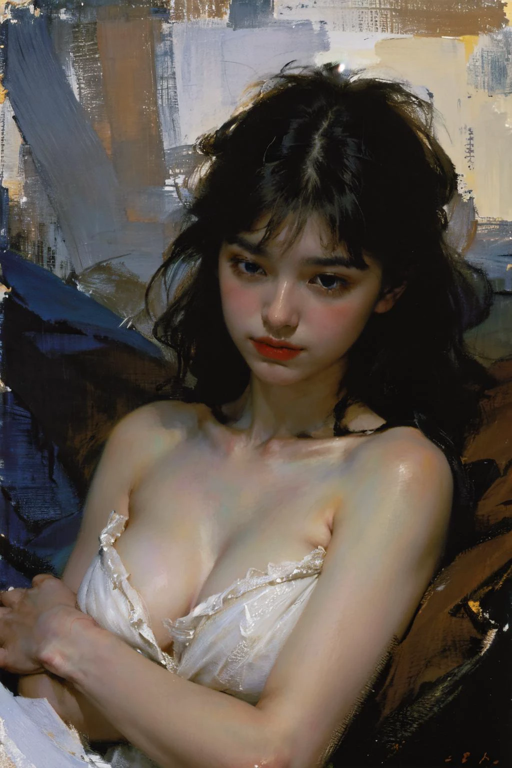 ((low-key, dim lighting, soft lighting):1.4), enchanting and elegant, atmospheric depth, exquisite technique, natural performance, harmonious composition, creative refinement, eye-catching juxtaposition,
Girl, long hair bangs, oil painting, Impressionist,
Sad, depressed,