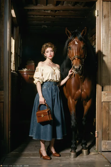 best quality, (photo realistic:1.1), (film grain:1.2), masterpiece, intricate details, atmospheric, trending on artstation, 8k, Color film photograph, 1990s, analog photography, Kodak portra 160, retro vintage, a cowboy girl and her husband in a barn, horse by their side