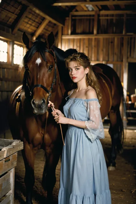 best quality, (photo realistic:1.1), (film grain:1.2), masterpiece, intricate details, atmospheric, trending on artstation, 8k, Color film photograph, 1990s, analog photography, Kodak portra 160, retro vintage, a cowboy girl and her husband in a barn, horse by their side