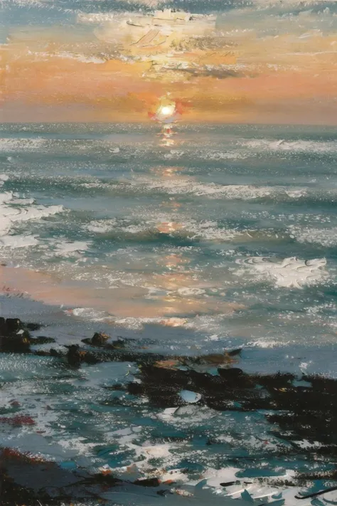 beach, cloud, cloudy_sky, evening, horizon, mountain, no_humans, ocean, orange_sky, outdoors, scenery, shore, sky, star_\(sky\), sunset, water, waves, tree, sun, impressionist <lora:impress:1>
