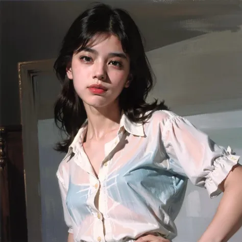 best quality, masterpiece, (photorealistic:1.4), 1girl, light smile, shirt with collars, waist up, dramatic lighting, from below, (best quality, masterpiece, photorealistic, hyperrealism:1.2), beautiful 18 yo,cool colors, dynamic pose, tight body, fit body