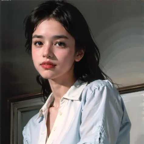 best quality, masterpiece, (photorealistic:1.4), 1girl, light smile, shirt with collars, waist up, dramatic lighting, from below, (best quality, masterpiece, photorealistic, hyperrealism:1.2), beautiful 18 yo,cool colors, dynamic pose, tight body, fit body