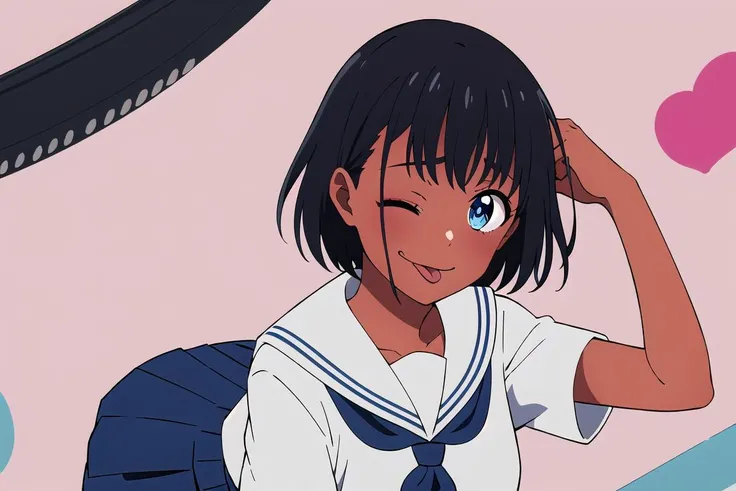 <lora:Kawaikute Gomen:0.9>, kawaikute gomen, 1girl, solo, looking at viewer, one eye closed, tongue, tongue out, pink background, 1girl,  <lora:85_2_Mio:0.5>, ChopioMio, black hair, short hair, blue eyes, dark skin, outfit_1, serafuku, white sailor collar, white shirt, short sleeves, blue neckerchief, blue skirt, pleated skirt, long skirt, white kneesocks, grey sneakers,