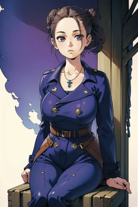 girl, (drawing:1.3), Strong Wind,Old Village Background,Plump,Busty,Sitting,Very Short Hair,Braided Buns,(indigo Pea Coat,lavender Joggers:1.3),girls frontline,Cross Necklace ,(masterpiece,detailed,highres:1.4) <lora:light:0.7>