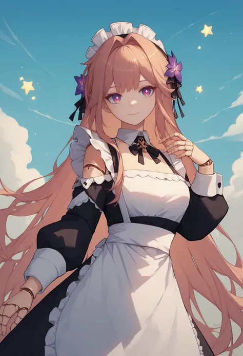 score_9,score_8_up,score_7_up,source_anime,female,<lora:hsrherta:0.9>,hsrherta,doll joints,light smile,maid,maid headdress,maid apron,sky,stars,