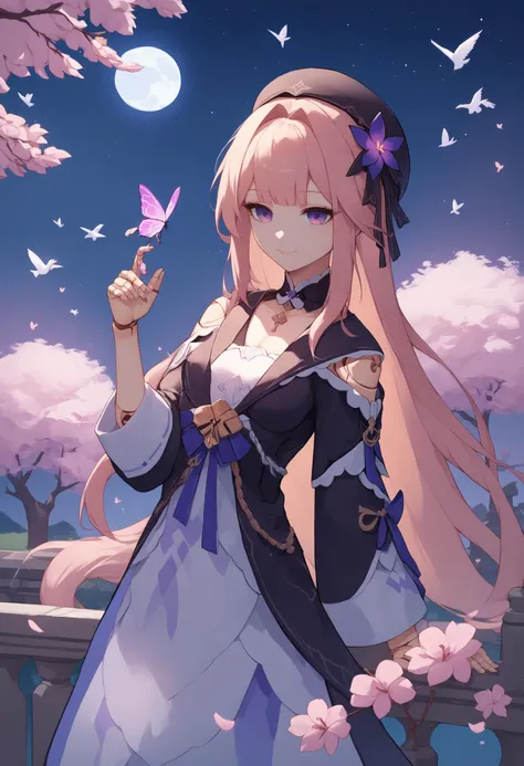 1girl,score_9,score_8_up,score_7_up,source_anime,female,<lora:hsrherta:0.9>,hsrherta,doll joints,light smile,night sky,stars,moon,outdoors,5 fingers,cherry blossom,birds,butterfly,