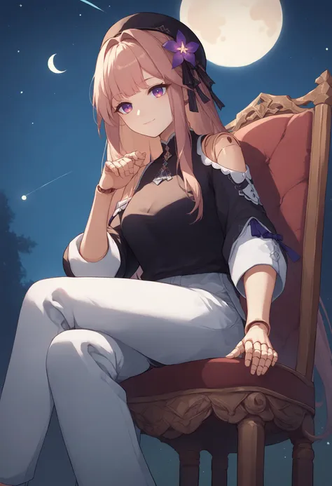 1girl,score_9,score_8_up,score_7_up,source_anime,female,<lora:hsrherta:0.8>,hsrherta,doll joints,light smile,night sky,stars,moon,(black shirt:1.2),(pants:1.2),sitting,chair,outdoors,5 fingers,