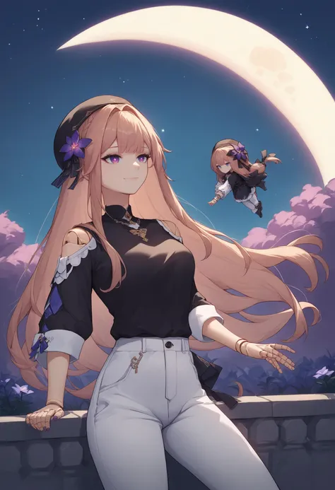 1girl,score_9,score_8_up,score_7_up,source_anime,female,<lora:hsrherta:0.9>,hsrherta,doll joints,light smile,night sky,stars,moon,(black shirt:1.2),(pants:1.2),outdoors,5 fingers,
