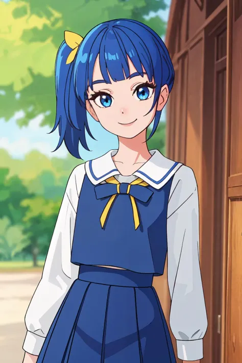 <lora:Precure Sora:0.4>precure sora, blue hair, (side ponytale:1.5), blue eyes, yellow ribbon, school uniform,
(best quality, masterpiece, RAW photo,ultra-detailed:1.2), <lyco:GoodHands-beta2:1.0>,1girl,solo,looking at viewer,smile <lora:anime_minimalist_v1:-.0.5>
