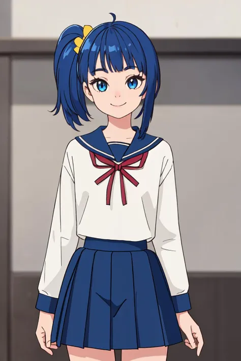 <lora:Precure Sora:0.4>precure sora, blue hair, (side ponytale:1.5), blue eyes, yellow ribbon, school uniform,
(best quality, masterpiece, RAW photo,ultra-detailed:1.2), <lyco:GoodHands-beta2:1.0>,1girl,solo,looking at viewer,smile