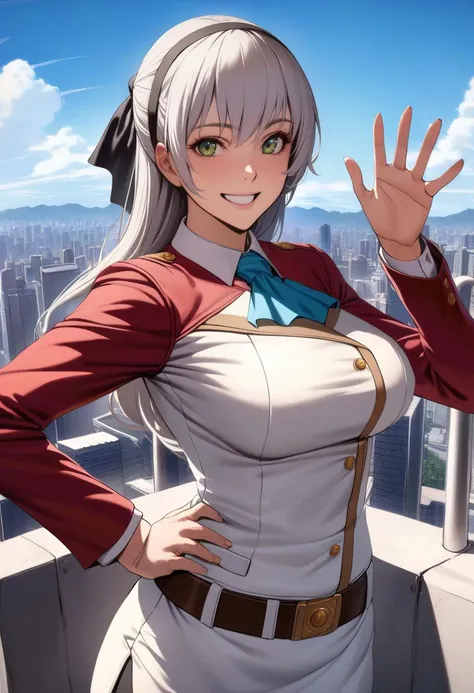 masterpiece, best quality, (realistic:0.2) <lora:elie-xl-nvwls-v1-000006:0.9> elie macdowell, hairband, hair ribbon, long red sleeves, white dress, pencil skirt, ascot, uniform, belt, upper body, looking at viewer, standing, cityscape, blue sky, clouds, smile, hand on hip, waving, happy, enthusiastic