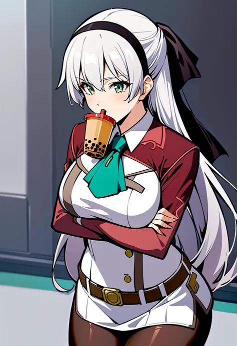 solo, 1girl, elie macdowell, bubble tea challenge, drinking straw, crossed arms, black hairband, hair ribbon, long hair, green eyes, ascot, uniform, long red sleeves, white dress, pencil skirt, belt, pantyhose, large breasts, masterpiece, best quality, rating: general, newest <lora:elie-xl-nvwls-v1:1>