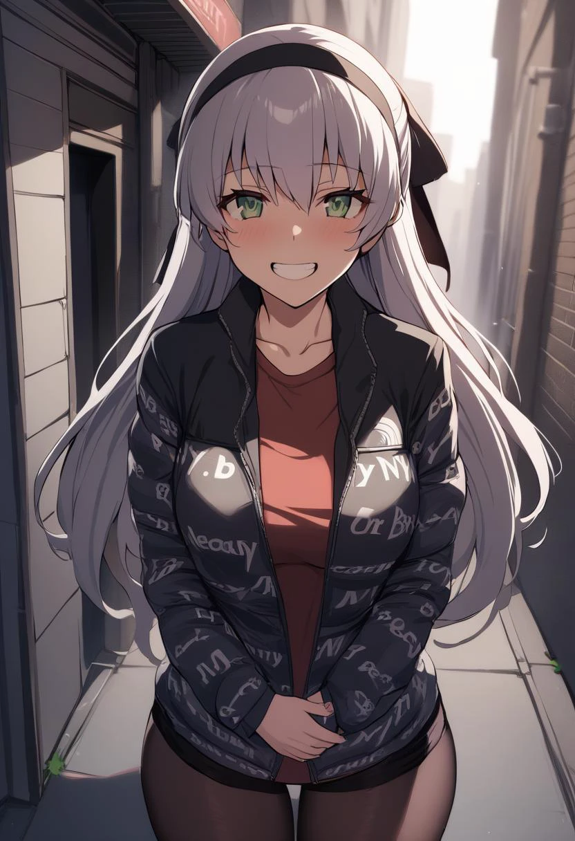 masterpiece, best quality, <lora:attire_dripjacket_xl-000004:1.2> dripjacket, own hands together <lora:elie-xl-nvwls-v1:1> elie macdowell, green eyes, black hairband, hair ribbon, long hair, looking at viewer, pantyhose, city streets, alleyway, grin