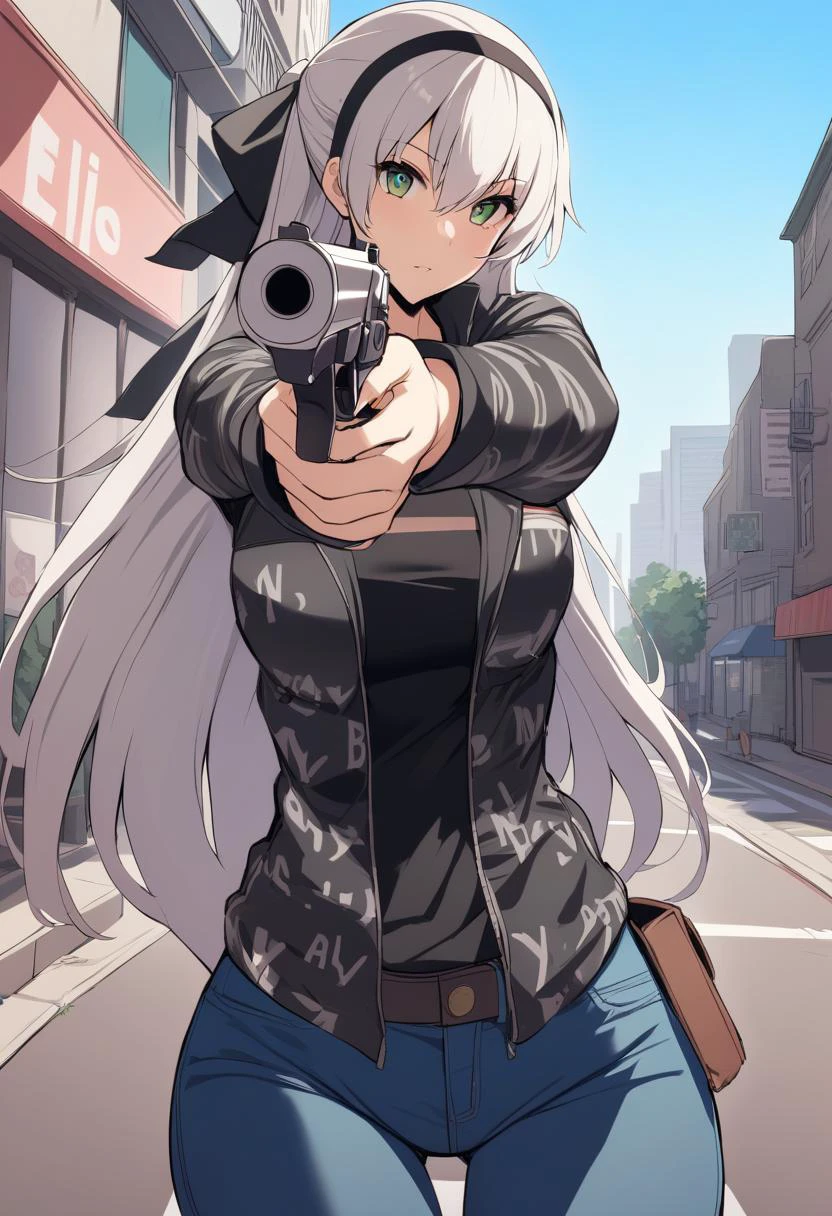 masterpiece, best quality, <lora:attire_dripjacket_xl-000004:1.3> dripjacket <lora:elie-xl-nvwls-v1:1> elie macdowell, green eyes, black hairband, hair ribbon, long hair, looking at viewer, jeans, aiming gun, holding handgun, looking at viewer, standing, city street, blue sky