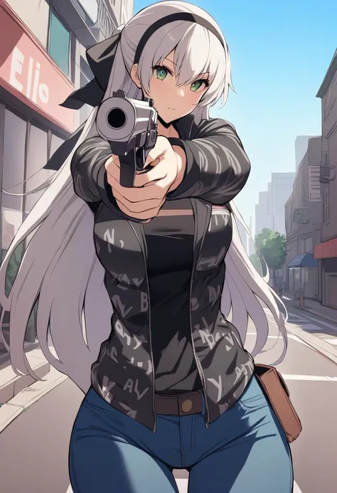 masterpiece, best quality,  <lora:attire_dripjacket_xl-000004:1.3> dripjacket <lora:elie-xl-nvwls-v1:1> elie macdowell, green eyes, black hairband, hair ribbon, long hair, looking at viewer, jeans, aiming gun, holding handgun, looking at viewer, standing, city street, blue sky