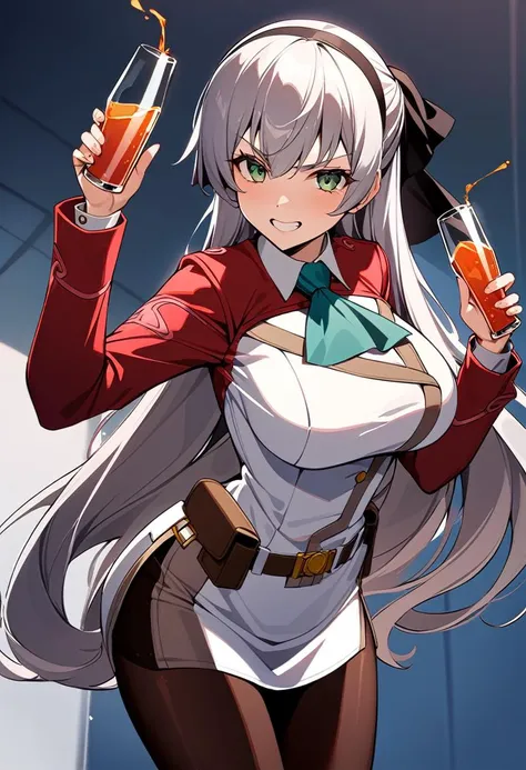 solo, 1girl, elie macdowell, grin, holding molotov cocktail, black hairband, hair ribbon, long hair, green eyes, v-shaped eyebrows, ascot, uniform, long red sleeves, white dress, pencil skirt, belt, pantyhose, large breasts, masterpiece, best quality, rating: general, newest <lora:elie-xl-nvwls-v1:1>