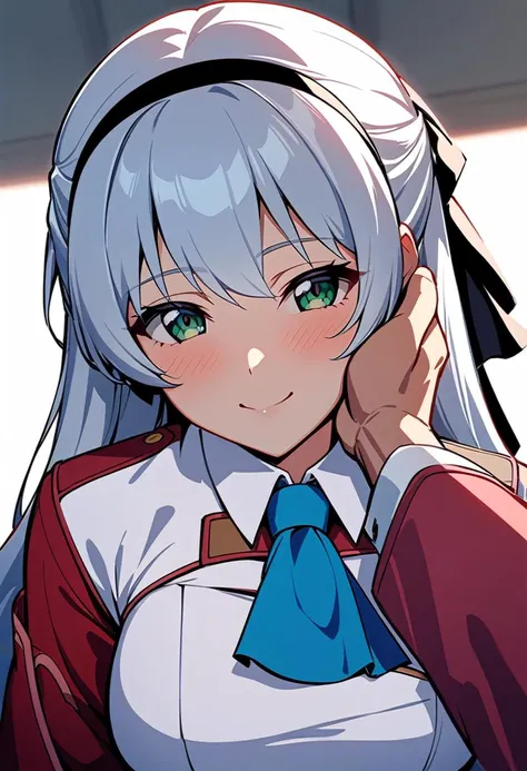 pov, pov hands, hand on another's cheek, 1girl, elie macdowell, blush, smile, long hair, hair ribbon, black hairband, green eyes, uniform, white dress, blue ascot, long sleeves, red sleeves, masterpiece, best quality, rating: general, newest <lora:elie-xl-nvwls-v1:1>