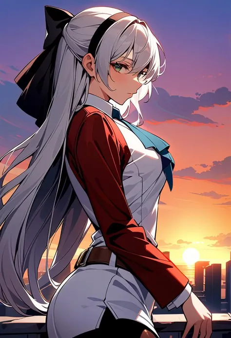 from side, solo, 1girl, elie macdowell, expressionless, black hairband, hair ribbon, long hair, green eyes, uniform, blue ascot, red sleeves, white dress, pencil skirt, belt, black pantyhose, scenery, sunset, masterpiece, best quality, rating: general, newest <lora:elie-xl-nvwls-v1:1>