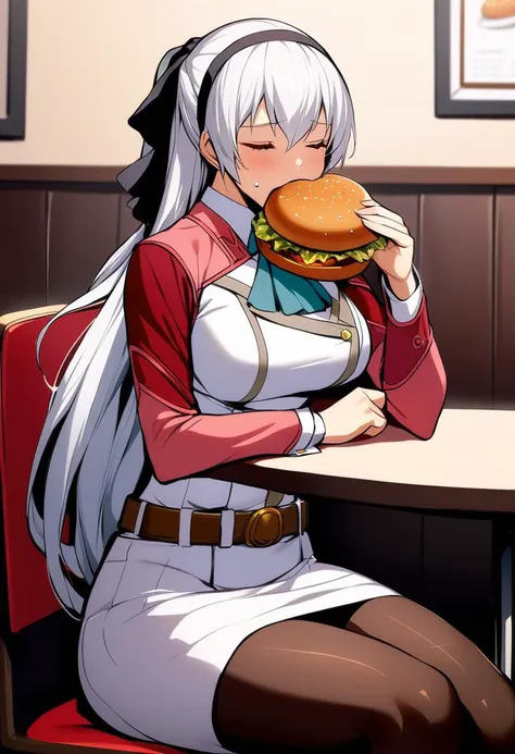 masterpiece, best quality <lora:elie-xl-nvwls-v1-000006:1> elie macdowell, hairband, hair ribbon, long red sleeves, white dress, pencil skirt, ascot, uniform, belt, pantyhose, sitting, table, chair, restaurant, holding huge burger, eating, closed eyes