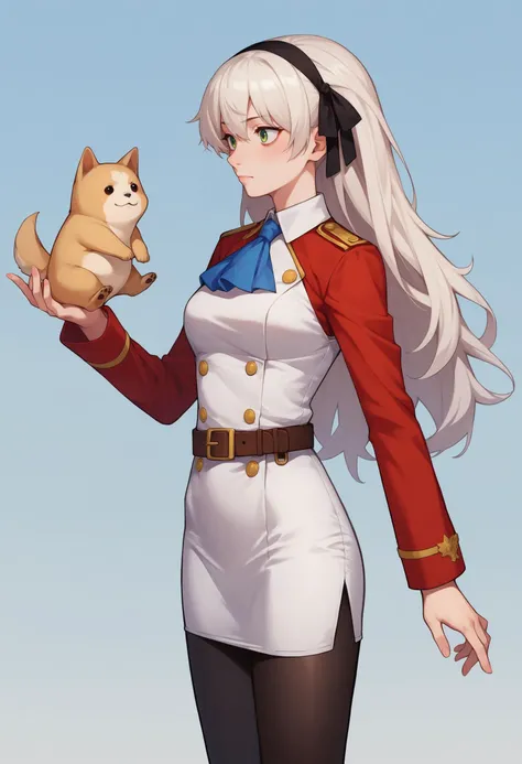 score_9, score_8_up, score_7_up, score_6_up, score_5_up, score_4_up, BREAK source_anime,holding doge,meme, elie macdowell,black hairband, hair ribbon,white hair, long hair,blue ascot,uniform, long red sleeves, white dress, pencil skirt, belt,black pantyhose <lora:elie-xl-nvwls-v1:1>