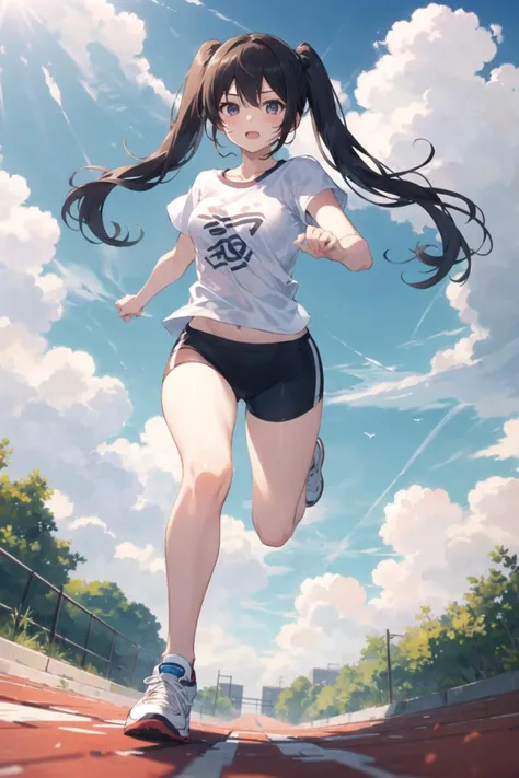 1girl, casual clothes, t-shirt, buruma, twintails, long hair, outdoors, running