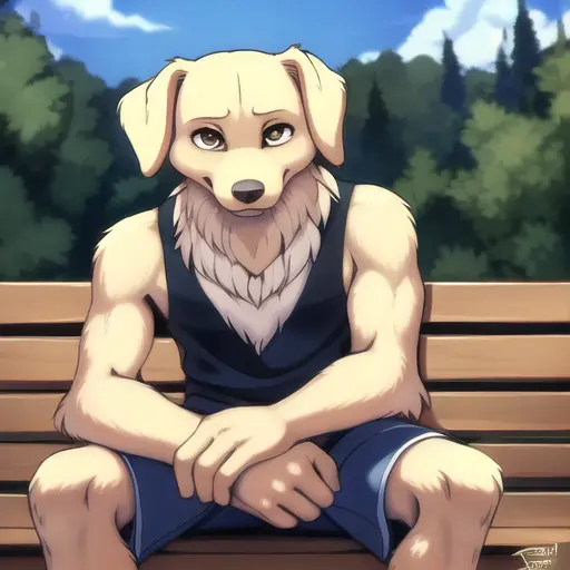 dog anthro, male dog anthro, high detail, lose shorts and tshirt, sitting on park bench, looking at viewer, photography, fit, pants, soft shading, detailed fur, realistic, [by kacey miyagami by personalami by devil-vox], by ghibli, soft shading, clahe, scurve, paper texture, muscular, film grain, low saturation, classical animation, pastel colors, fading, golden retriever, buff