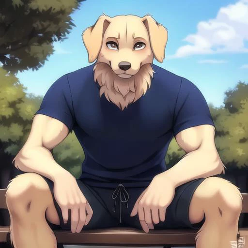 dog anthro, male dog anthro, high detail, lose shorts and tshirt, sitting on park bench, looking at viewer, photography, fit, pants, soft shading, detailed fur, realistic, [by kacey miyagami by personalami by devil-vox], by ghibli, soft shading, clahe, scurve, paper texture, muscular, film grain, low saturation, classical animation, pastel colors, fading, golden retriever, buff