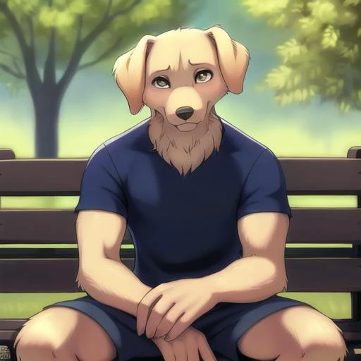 dog anthro, male dog anthro, high detail, lose shorts and tshirt, sitting on park bench, looking at viewer, photography, fit, pants, soft shading, detailed fur, realistic, [by kacey miyagami by personalami by devil-vox], by ghibli, soft shading, clahe, scurve, paper texture, muscular, film grain, low saturation, classical animation, pastel colors, fading, golden retriever, buff