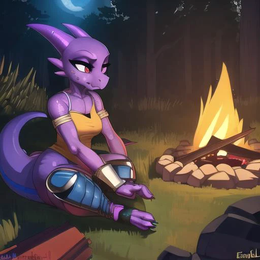  kobold anthro, pixelsketcher, female kobold anthro, by eiprel, highdetail, by lnnncore, medieval armor, sitting around campfire, night, forest background, vibrant colors, glossy, diffuse glow,