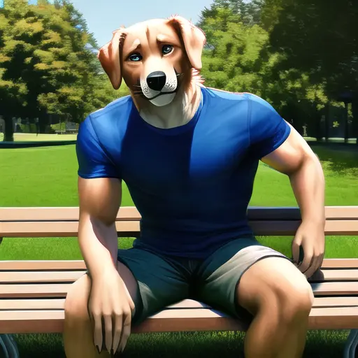 dog anthro, male dog anthro, realistic, highdetail, lose shorts and tshirt, sitting on park bench, looking at viewer, photography, high saturation, realism, fit, pants