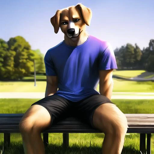 dog anthro, male dog anthro, realistic, highdetail, lose shorts and tshirt, sitting on park bench, looking at viewer, photography, high saturation, realism, fit, pants