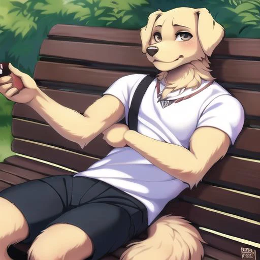  dog anthro, male dog anthro, high detail, lose shorts and tshirt, sitting on park bench, looking at viewer, photography, fit, pants, soft shading, detailed fur, realistic, [by kacey miyagami by personalami by devil-vox], by ghibli, soft shading, clahe, scurve, paper texture, muscular, film grain, low saturation, classical animation, pastel colors, fading, golden retriever, buff