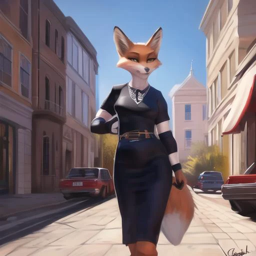 fox anthro, pixelsketcher, female fox anthro, chunie, highdetail, personalami, clothes, walking through city, looking at viewer,