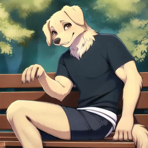  dog anthro, male dog anthro, high detail, lose shorts and tshirt, sitting on park bench, looking at viewer, photography, fit, pants, soft shading, detailed fur, realistic, [by kacey miyagami by personalami by devil-vox], by ghibli, soft shading, clahe, scurve, paper texture, muscular, film grain, low saturation, classical animation, pastel colors, fading, golden retriever, buff