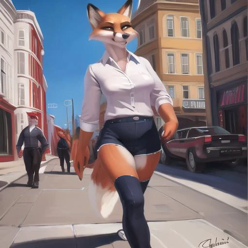 fox anthro, pixelsketcher, female fox anthro, chunie, highdetail, personalami, clothes, walking through city, looking at viewer,