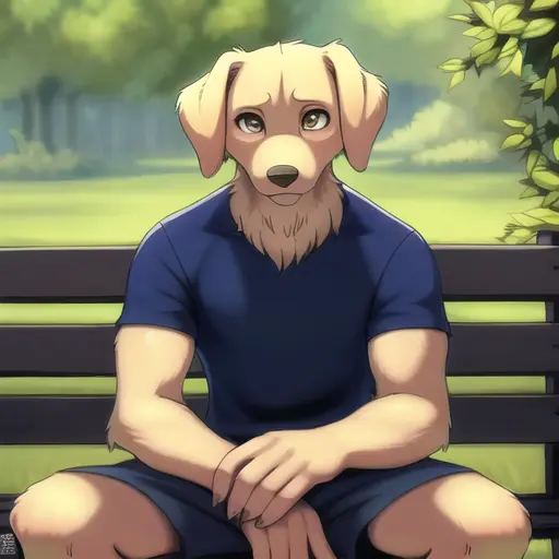 dog anthro, male dog anthro, high detail, lose shorts and tshirt, sitting on park bench, looking at viewer, photography, fit, pants, soft shading, detailed fur, realistic, [by kacey miyagami by personalami by devil-vox], by ghibli, soft shading, clahe, scurve, paper texture, muscular, film grain, low saturation, classical animation, pastel colors, fading, golden retriever, buff