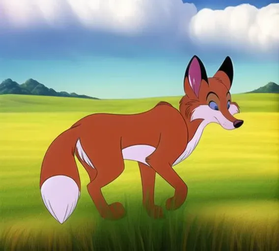 fox, feral, dbluth, solo, fluffy fur, fox face, blue eyes BREAK outside, tall grass, digital media \(artwork\), realistic, amazing background, kosperry, <lora:don bluth style:0.87>