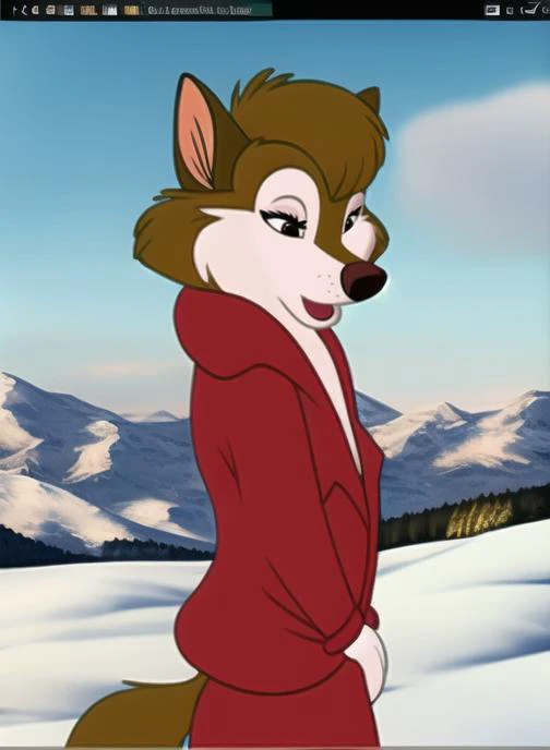 husky dog, anthro, clothing, clothed,  dbluth, solo, fluffy fur,  BREAK outside, snow, digital media \(artwork\), realistic, amazing background,BREAK  kosperry, close up, by foxovh, 1990's style, screenshot, film,  <lora:don bluth style:0.87>