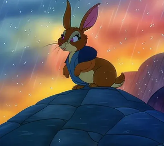 anthro:1.2, female, standing, don bluth:1.3, rabbit, long ears, solo, wearing rain jacket, raining, dark clouds, cloudy, raining, detailed eyes, film, dbluth, dramatic lighting,  [by syuro,] castle, <lora:don bluth style:0.83>