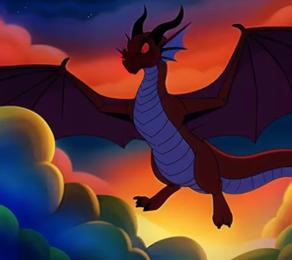 anthro:1.2, don bluth:1.3, wings, dragon, solo, night, dark clouds, cloudy, detailed eyes, film, dbluth, dramatic lighting, red eyes, detailed, detailed artwork, [by syuro,]  <lora:don bluth style:0.79>