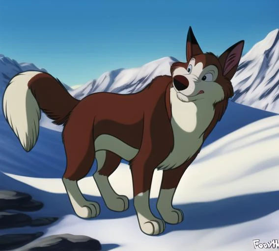 husky dog, feral, dbluth, solo, fluffy fur, BREAK outside, snow, digital media \(artwork\), realistic, amazing background, kosperry, close up, by foxovh, 1990's style, screenshot, film, <lora:don bluth style:0.87>