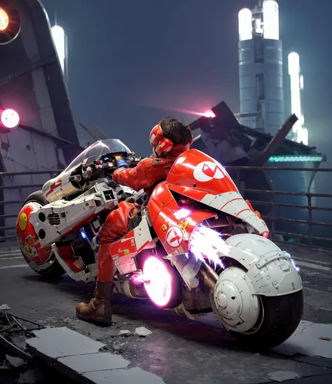 closed - up, masterpiece, best quality, (Super Mario riding a white akirabike In the ruins of a cyberpunk city after a thermonuclear war, broken neon signs hanging from buildings, neon signs), (round scifi metal breastplate shining coldly), long legs, lots of exposed broken cables, Colorful glare and smoke, 1.5mm <lora:akirabikev0.2:0.9>