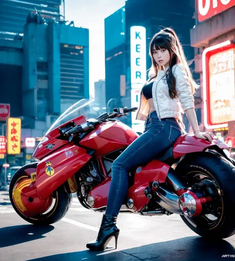 closed - up, upper body, masterpiece, best quality, a pretty woman, beautiful face, wearing white jacket and jeans, (riding a red akirabike in the ruins of a cyberpunk city, Broken neon signs hanging from buildings), (round scifi metal breastplate shining coldly), long legs, (big warm grin) <lora:akirabikev0.1-000001:0.71> ulzzang-6500-v1.1, looking at viewer